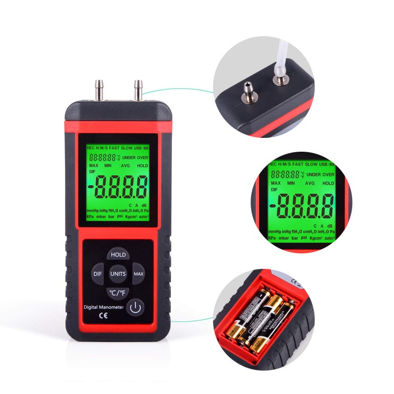 EHDIS Manometer, Professional Air Pressure Meter, Dual-Port HVAC Digital Manometers Gas Pressure Tester Differential Gauge - Image 3